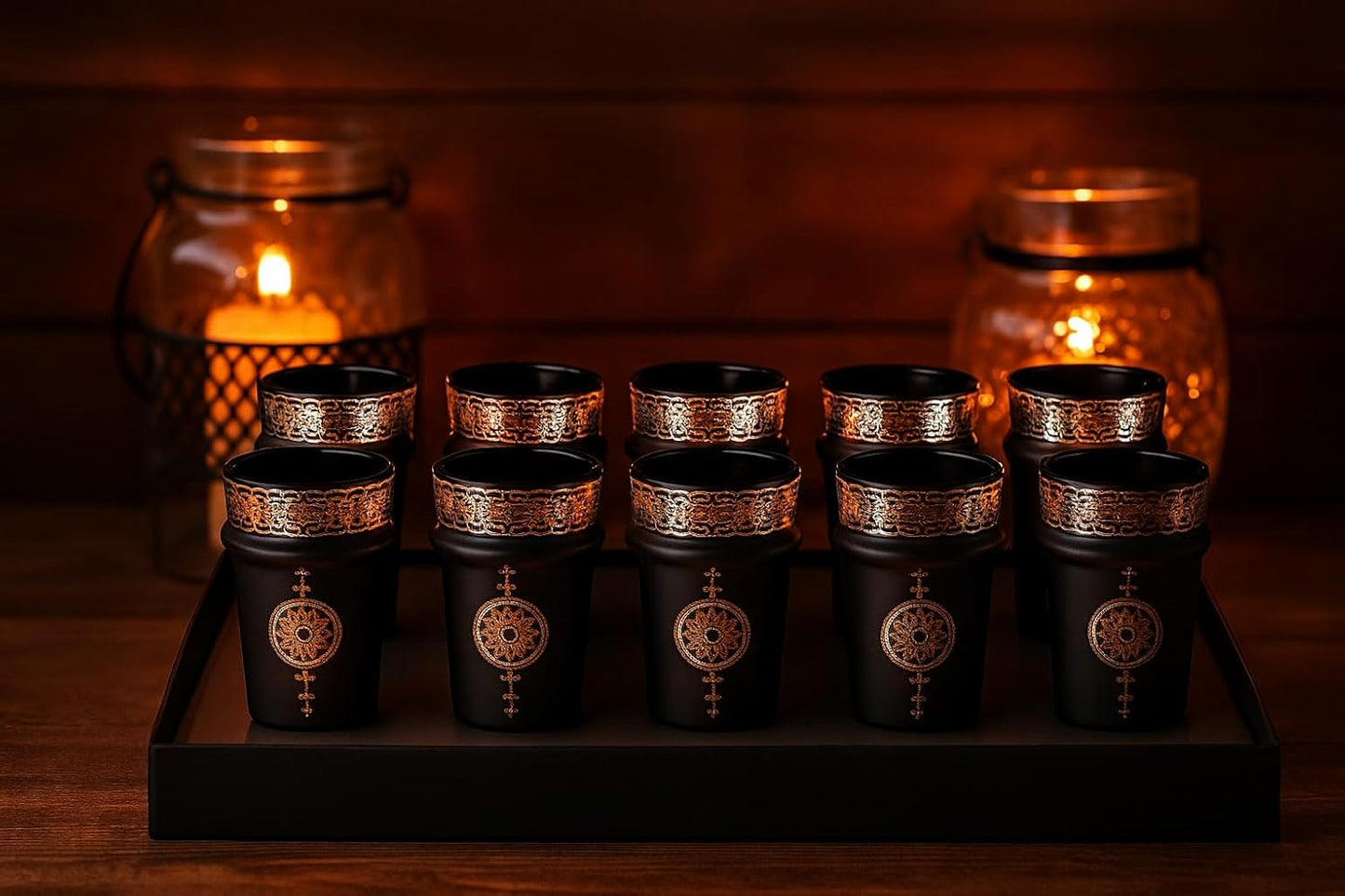 Générique Set de 12 Verres à Thé Marocains, Noir et Cuivre, Style Oriental avec Motifs Décoratifs Traditionnels