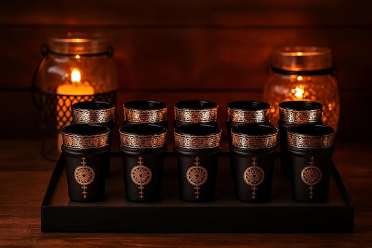 Générique Set de 12 Verres à Thé Marocains, Noir et Cuivre, Style Oriental avec Motifs Décoratifs Traditionnels