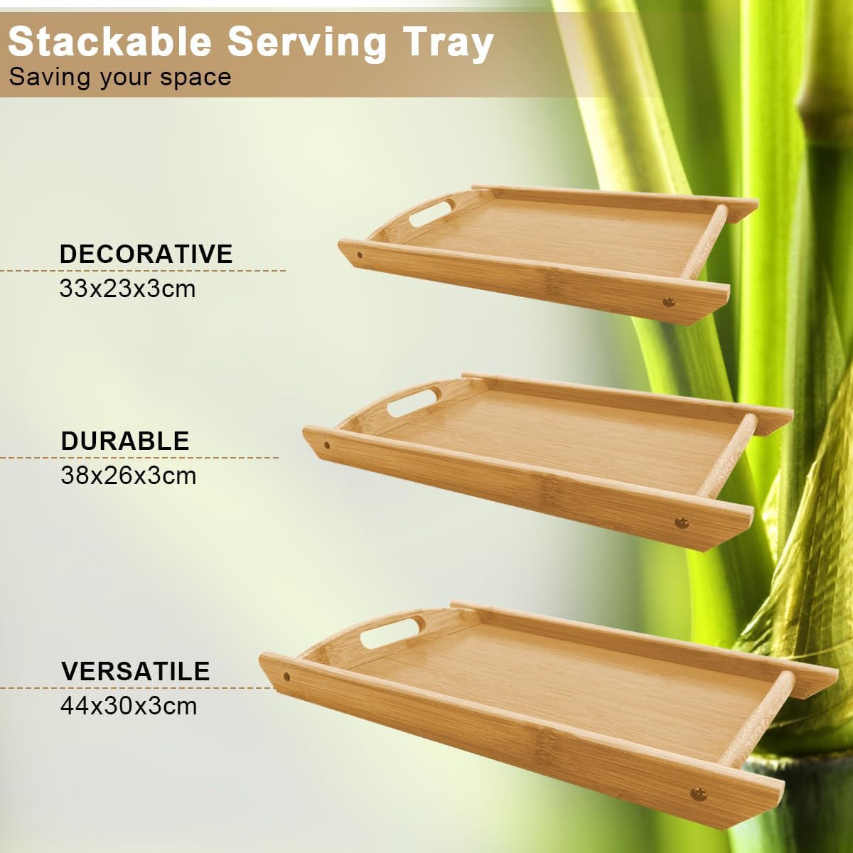 Lot de 3 plateaux de service en bambou imbriqués avec poignée - Plateau ottoman en bois - Plateaux de service décoratifs pour petit déjeuner - Grand moyen et petit - Pour la maison, le lit