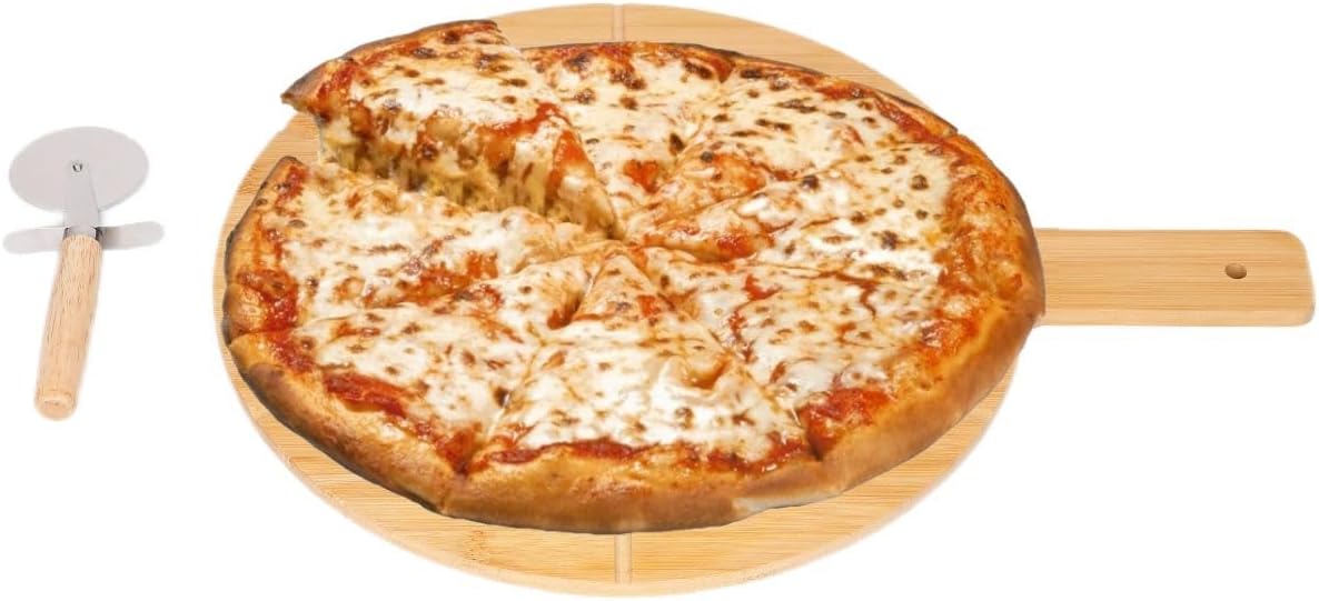 Planche à pizza en bambou avec roulette à pizza, 50 x 37 cm, 6 rainures de coupe, avec poignée