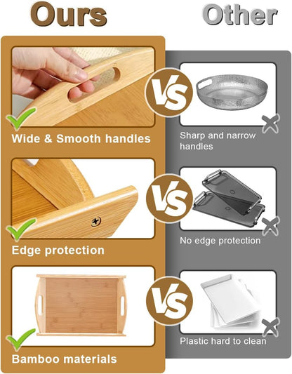 Lot de 3 plateaux de service en bambou imbriqués avec poignée - Plateau ottoman en bois - Plateaux de service décoratifs pour petit déjeuner - Grand moyen et petit - Pour la maison, le lit