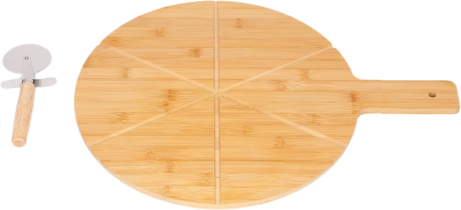 Planche à pizza en bambou avec roulette à pizza, 50 x 37 cm, 6 rainures de coupe, avec poignée