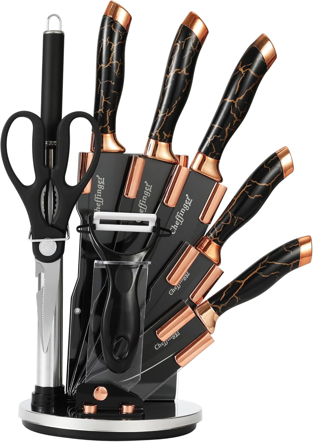 Lot de 9 couteaux design marbre doré, couteau de chef 20,3 cm, couteau à pain, couteau universel, couteau à éplucher, hachoir, ciseaux, fusil à aiguiser avec support, noir