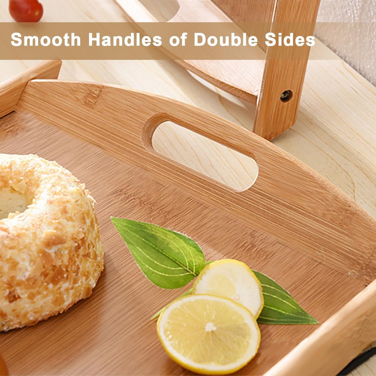 Lot de 3 plateaux de service en bambou imbriqués avec poignée - Plateau ottoman en bois - Plateaux de service décoratifs pour petit déjeuner - Grand moyen et petit - Pour la maison, le lit