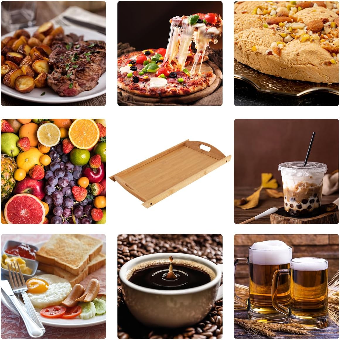 Lot de 3 plateaux de service en bambou imbriqués avec poignée - Plateau ottoman en bois - Plateaux de service décoratifs pour petit déjeuner - Grand moyen et petit - Pour la maison, le lit