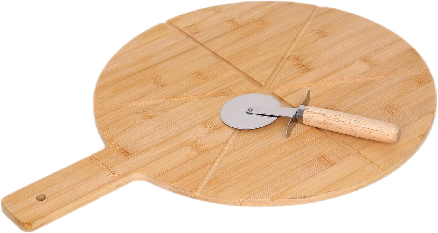 Planche à pizza en bambou avec roulette à pizza, 50 x 37 cm, 6 rainures de coupe, avec poignée