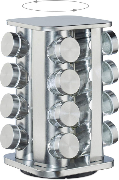 relaxdays 10026459, argenté Carrousel, 16 pots en verre, Présentoir à épices inox, rotatif 4