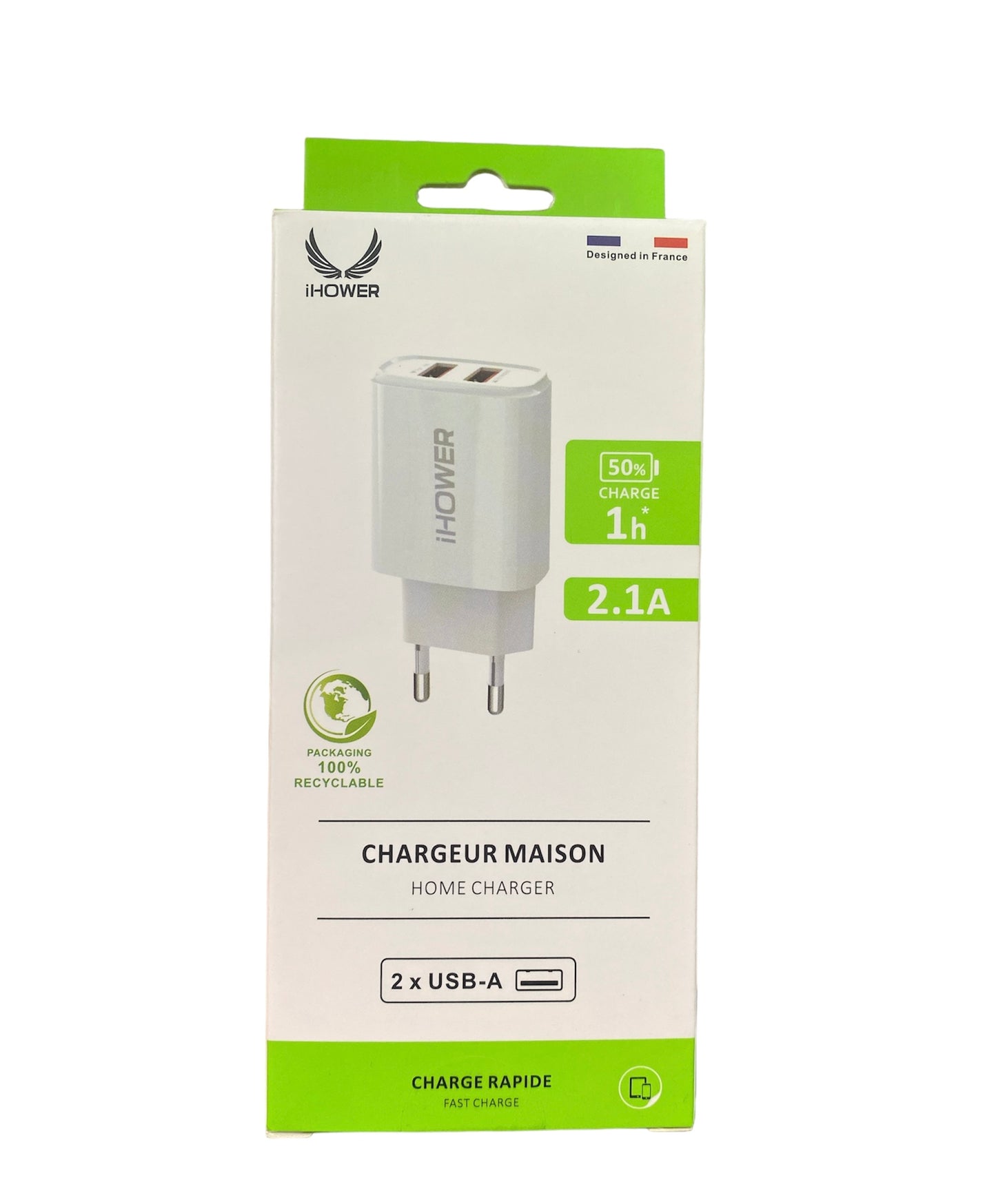 Chargeur secteur rapide 2.1A, 2 ports USB - KM FACTORY